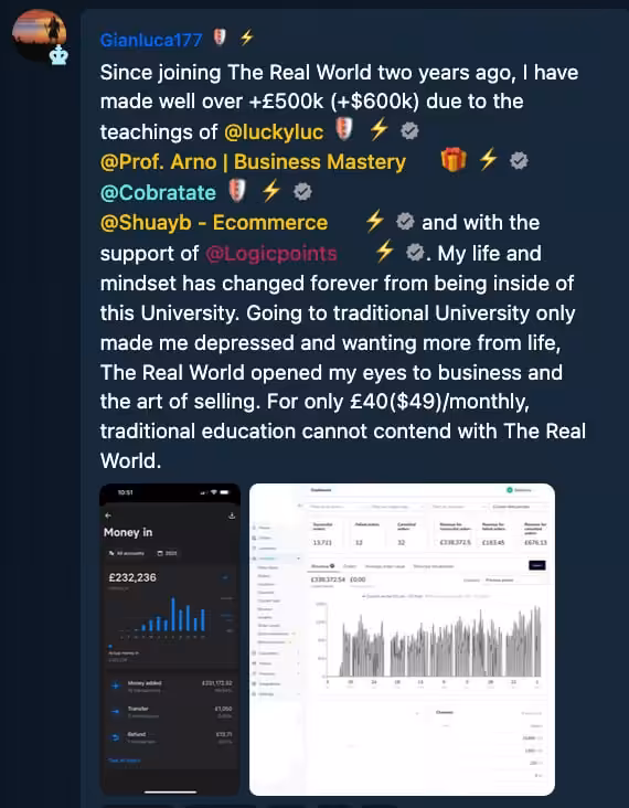 Screenshot of Gianluca177 posting his results inside The Real World 2.0