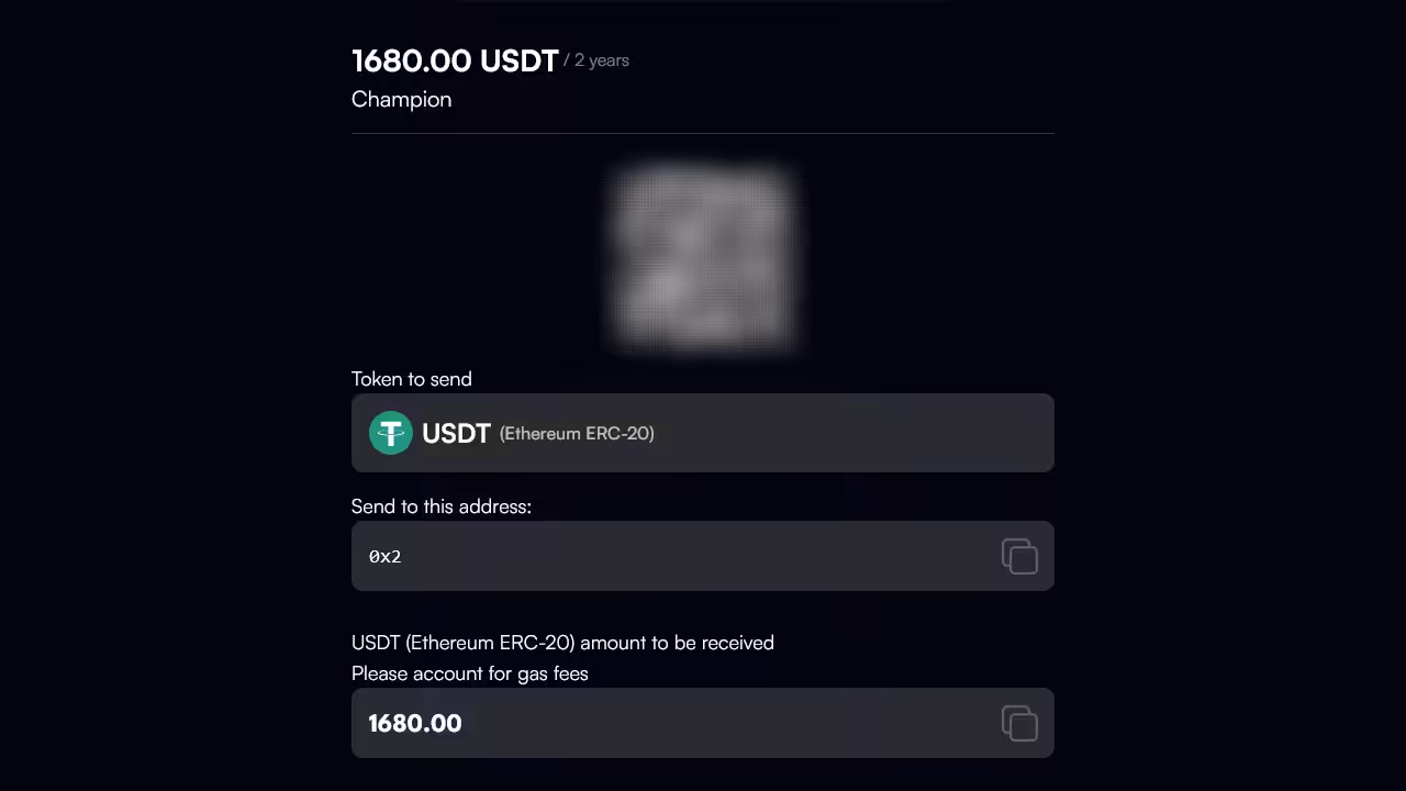 screenshot of the champion checkout crypto payment form