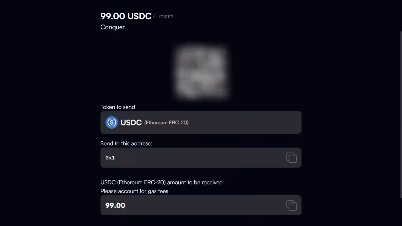 screenshot of the conquer checkout crypto payment form